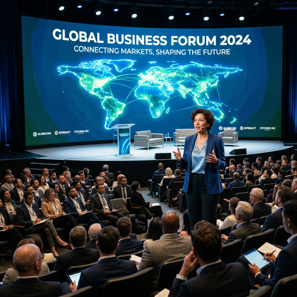 Woman speaking in front of audience at Global Business Forum 2024 with world map display
