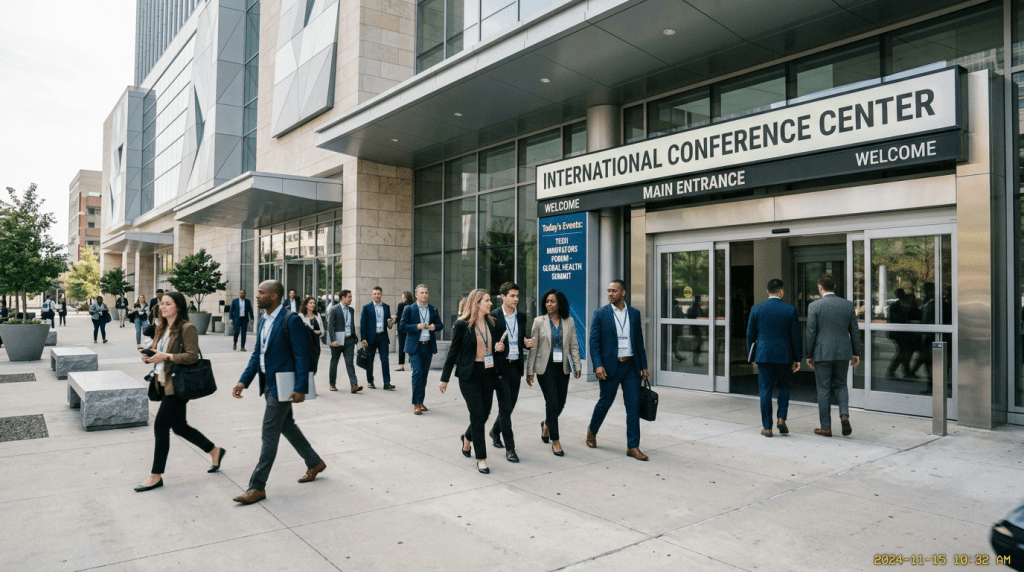 People walking to conference area entrance