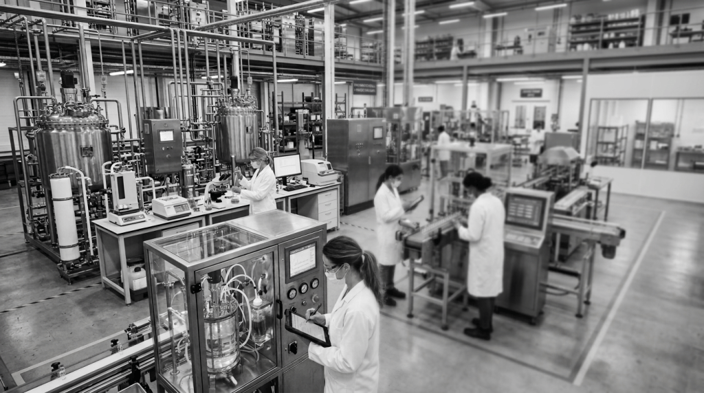Laboratory technicians in white coats and masks working with machines and samples in a pharmaceutical production facility